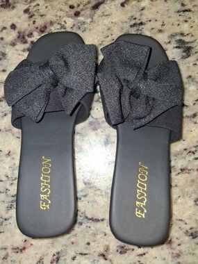 Angels Black Bow Slide Sandals with Sparkle